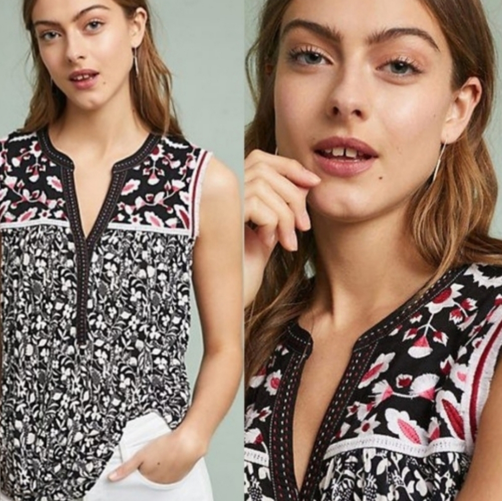 Anthropologie One September Austin Embroidered Fringe Tee Tank Size XS